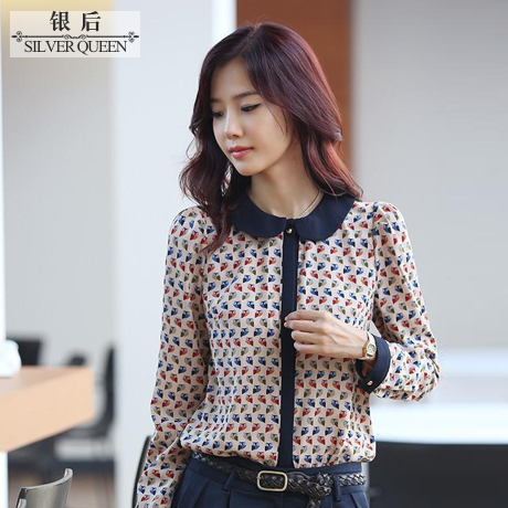 Wholesale Formal Career Casual Top Blouse Shirt   new arrival peter pan collar  print velvet gold buckle top A5