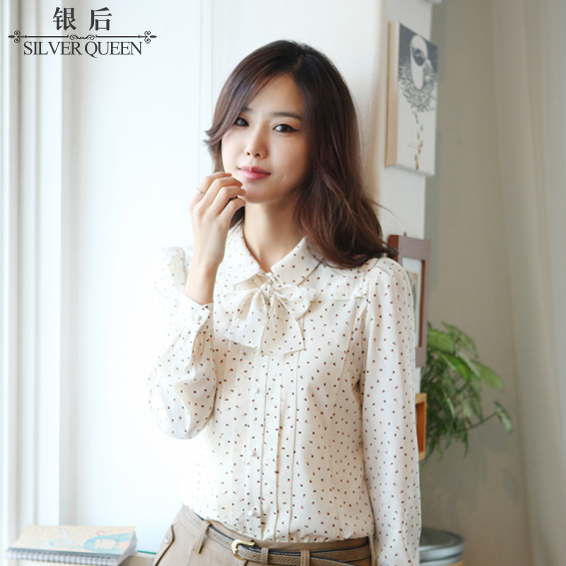 Wholesale Formal Career Casual Top Blouse Shirt Silver after the   slim bow long-sleeve rustic floral print  velvet  A5