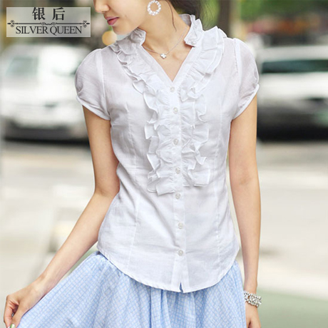 Wholesale Formal Career Casual Top Blouse Shirt   solid color stand collar laciness short-sleeve  A5