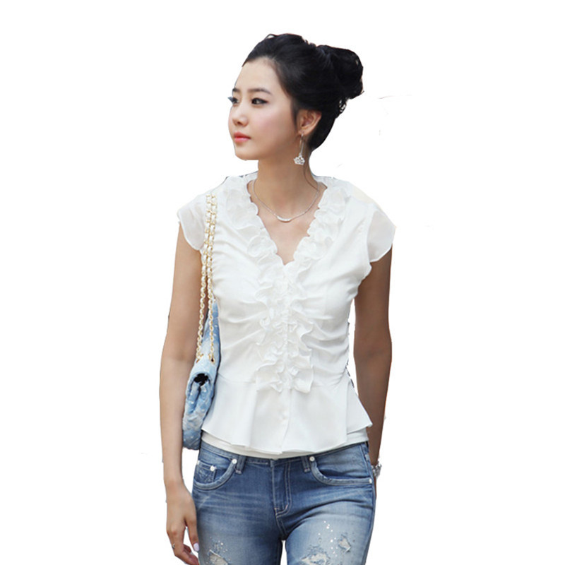 Wholesale Formal Career Casual Top Blouse Shirt   V-neck women's ruffle hem top solid color sweet chiffon  short-sleeve