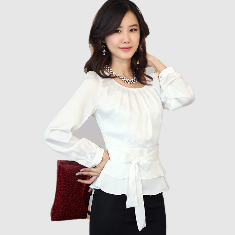 Wholesale Formal Career Casual Top Blouse Shirt   women's top bow puff sleeve o-neck long-sleeve  chiffon