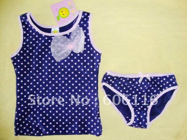 Wholesale Free Shipment Kids set with a vest and a brief dark blue with pink dot 7sets/lot-YL-117174