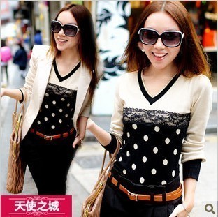 Wholesale free shipping 2012 autumn polka dot V-neck lace sweater female thin slim all-match basic shirt