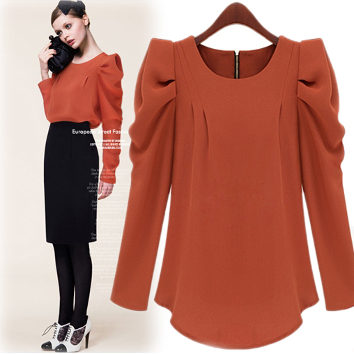 Wholesale free shipping 2012 fashion ladies personality puff sleeve solid color all-match long-sleeve shirt