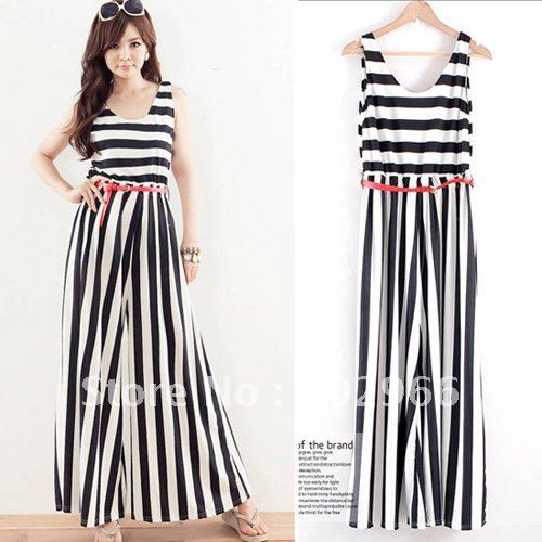 wholesale free shipping 2012 new arrive hot sale Women jumpsuits high waist sleeveless stripe jumpsuit wide leg pants YL9746