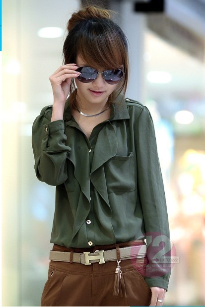 Wholesale + Free Shipping 2012 new women's solid color temperament flounced long-sleeved chiffon shirt 913 #