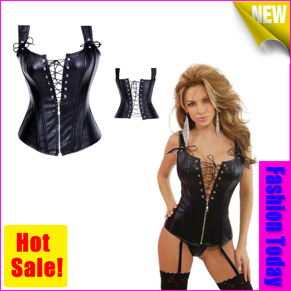 Wholesale Free Shipping! 2PC Sexy Faux Leather Lace-Up Corset 1114 Cheap Price + Drop Shipping