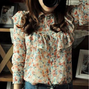 Wholesale + Free Shipping         3005 # flouncing pastoral Floral bubble long-sleeved chiffon shirt