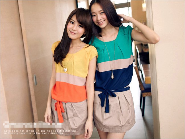 Wholesale + Free Shipping  9158 # Korean version of the hit color stripes stitching dresses