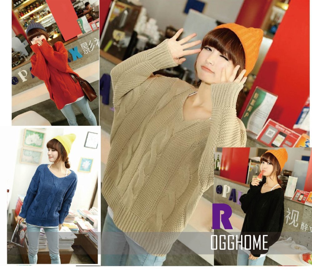 Wholesale Free shipping Drop Shipping 2013 NEW  Women's Sweater Bat sleeve V-Neck 4color RG1211005