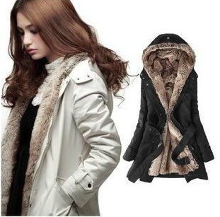 wholesale Free Shipping Hot Lady Faux fur lining Outerwear Winter Long Coat hooded Jacket with fur 2 colours