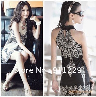 Wholesale free shipping  hot  Women's Sexy Sleeveless Floral Classic Vintage Collar Exotic Mini Dress tall waist skirt 2 colors