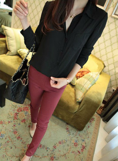 Wholesale+Free Shipping !! New!! 2013 Women Casual Europe Sexy Lapel Chiffon Yar Long Sleeve Shirt Blouse Four Colors