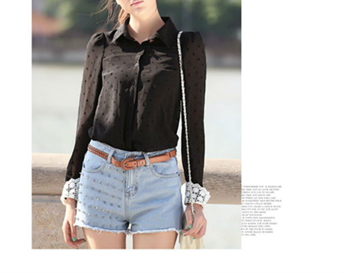 Wholesale+Free Shipping !! New!! 2013 Women European OL Lapel Dot Print Long Lace Sleeve Chiffon Shirt Blouse 2 Colors