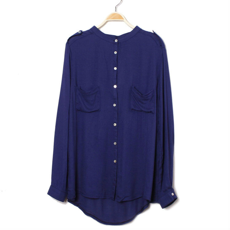 Wholesale+Free Shipping !! New!! 2013 Women European Retro Loose Stand Neck Long Sleeve Chiffon Shirts Blouse 2 Colors