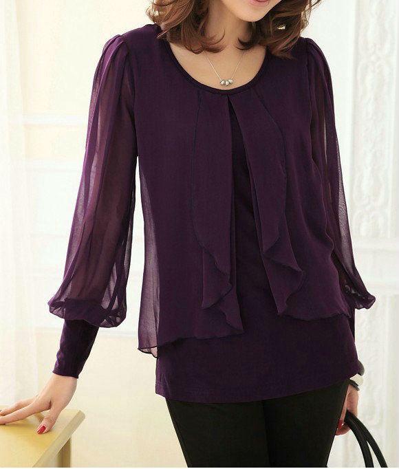 Wholesale+Free Shipping !! New!! 2013 Women European Retro Solid Round Neck Long Sleeve Chiffon Shirts Blouse 2 Colors