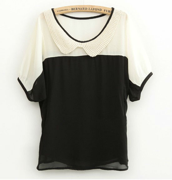 Wholesale+Free Shipping !! New!! 2013 Women Hook Doll Collar Short Bat Sleeve Color Hit Chiffon Shirt Blouse 4 Colors