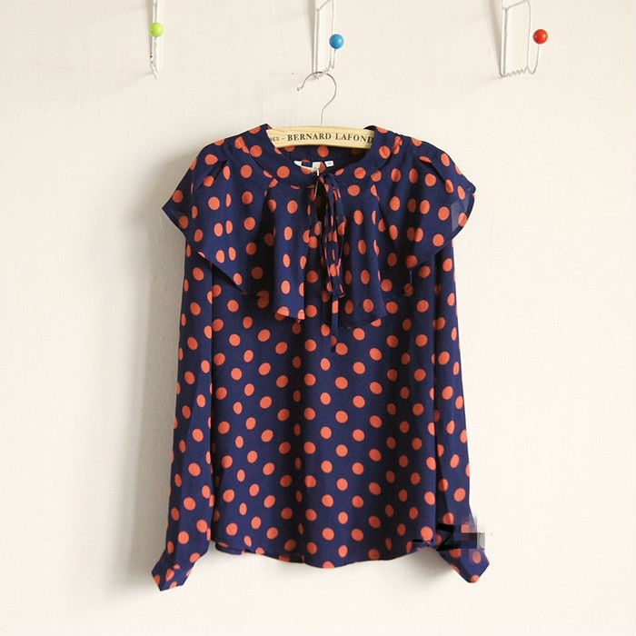 Wholesale+Free Shipping !! New!! 2013 Women Japan Falbala Dot Print Long Sleeve Chiffon Shirt Blouse Pullover 2 Colors