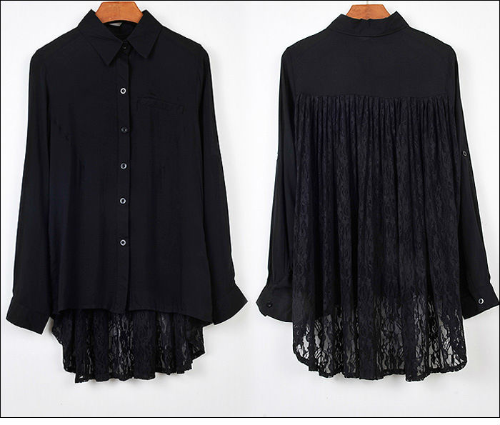 Wholesale+Free Shipping !! New!! 2013 Women's European Loose Lapel Long Sleeve Lace Splicing Shirts Blouse Black