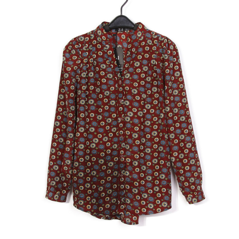 Wholesale+Free Shipping !! New!! 2013 Women's European Retro Gear Print Stand Collar Long Sleeve Shirts Red Blouse