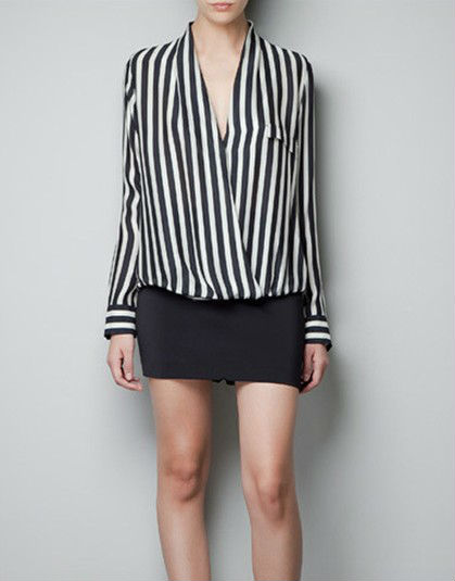 Wholesale+Free Shipping !! New!! 2013 Women's European Sexy Vertical Stripe Cross V-neck Long Sleeve Shirt Blouse