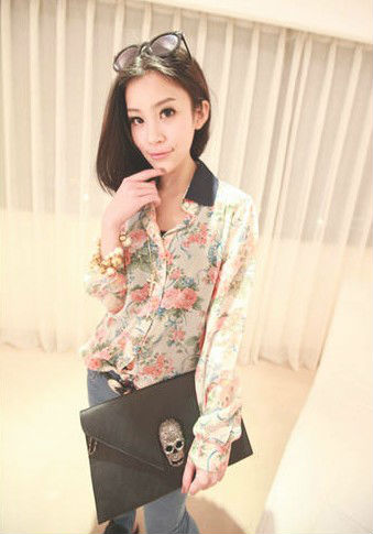 Wholesale+Free Shipping !! New!! 2013 Women's Flower Print Perspective Long Sleeve Lace Chiffon Shirts Blouse 2 Colors