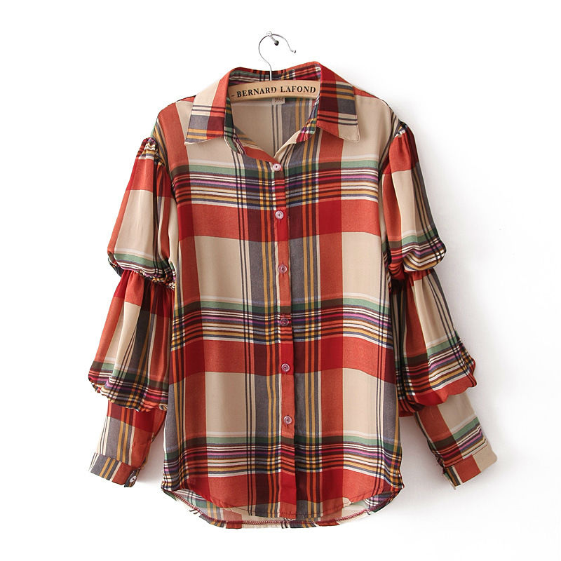 Wholesale+Free Shipping !! New!! 2013 Women's Korean Retro Plaid Long Puff Sleeve Chiffon Shirts Blouse 2 Colors