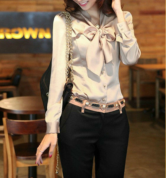 Wholesale+Free Shipping !! New!! 2013 Women's Retro OL Falbala Bowknot Long Sleeve Chiffon Shirts Blouse 3 Colors