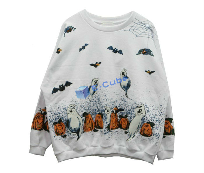 Wholesale+Free Shipping !! New!! 2013 Women's Spiders Bats Ghosts Hoodie Loose White Round Collar Smock Outwear