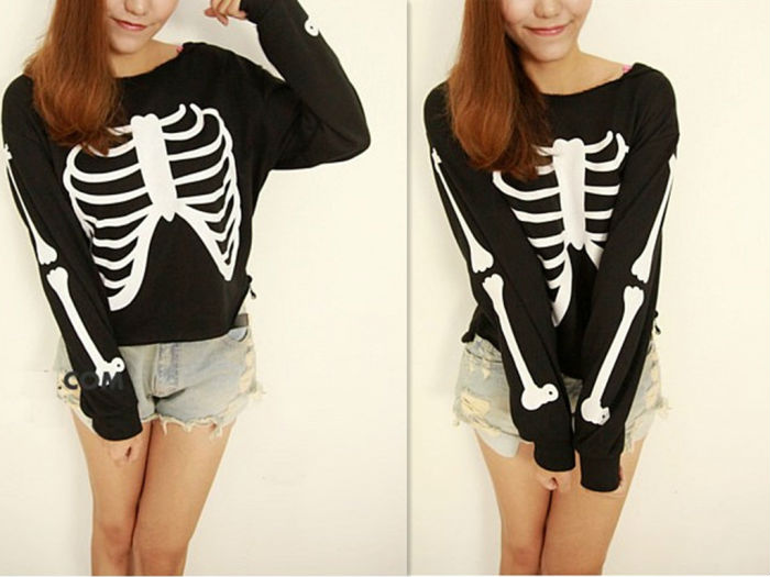 Wholesale+Free Shipping !! New!! 2013 Women's Thicken Velvet Skull Bone Hooded Hoodie Loose Shirt Smock Black Coat