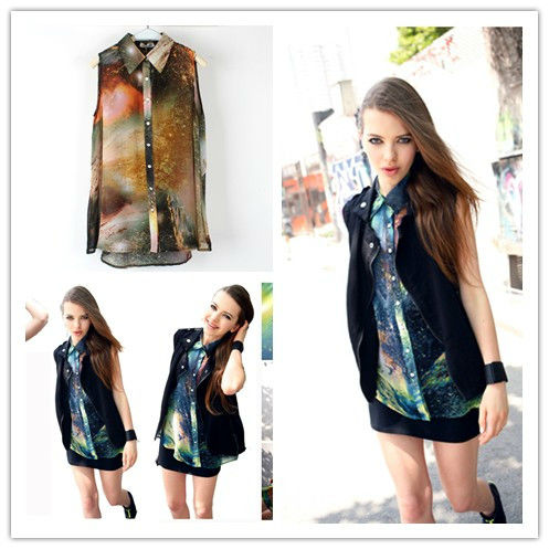 Wholesale+Free Shipping !! New!! 2013 Women's Transparent Chiffon Black Sexy Vintage Space Universe galaxy Print Blouse Shirt