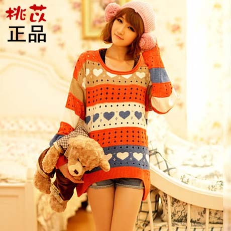 Wholesale free shipping Peach 2012 autumn women's love stripe cutout pullover loose sweater long-sleeve sweater