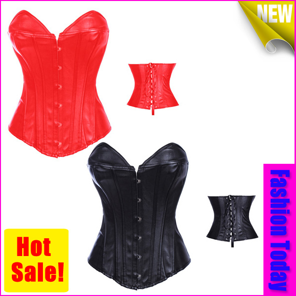 Wholesale Free Shipping! Red / Black Leather Ravishing Corset Top with G-string 1121 Cheap Price + Drop Shipping