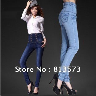 Wholesale Good Quality Women Western Style New Arrive Double Breasted High Waist Fashion Denim Jeans Deep Blue+Light Blue