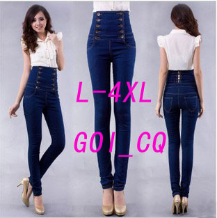 Wholesale Good Quality Women Western Style New Arrive Double Breasted High Waist Fashion Denim Jeans Size (L-4XL)