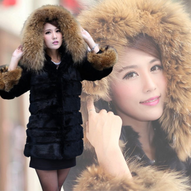 Wholesale High Grade Rabbit Fur Hooded Raccoon fur Coat,Ladies' rabbit fur jacket ,Free shipping FH303