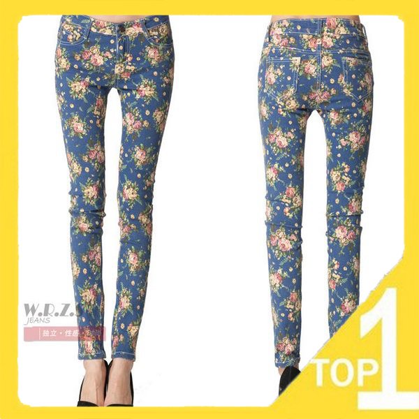 Wholesale Hot sale woman pants! High Quality New Vintage Flowers Printing Skinny Jeans Woman Slim Pants,Size 26-31