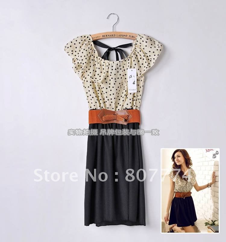 Wholesale - Japan Korean Women Summer Spring New Fashion Short-sleeve Dots Polka Empire Dress with belt