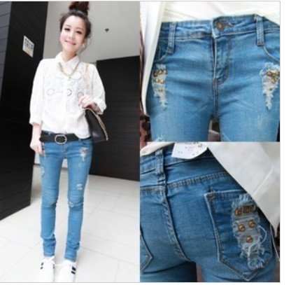 wholesale  jeans,  Frayed rivet holes in jeans Free Shipping