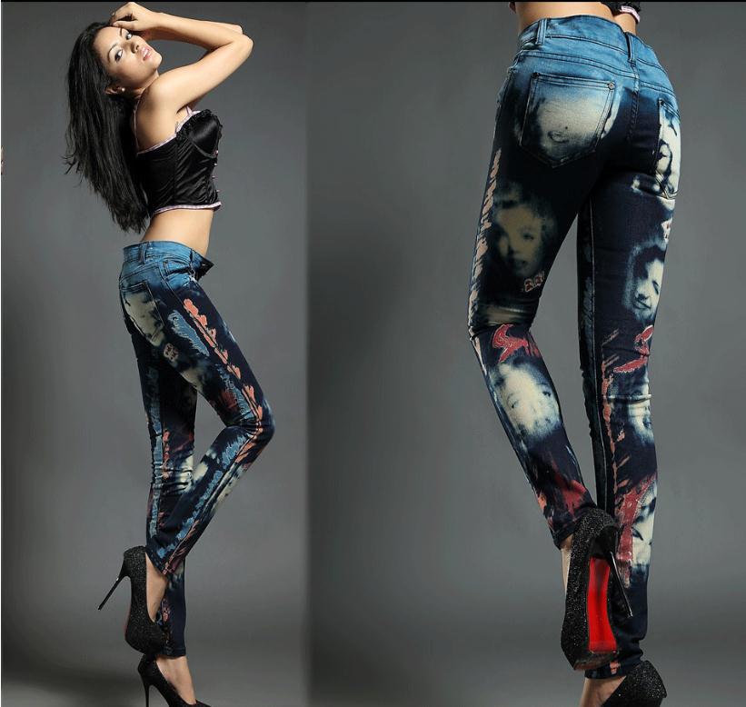 Wholesale Ladies Blue Texture Print Coloured ULTRA Elastic Slim Jeans Hight Quality Free Shipping