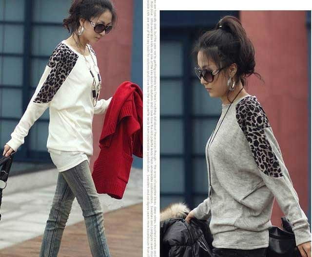 Wholesale Ladies Loose Batwing Sleeve Leopard  Casual o-neck Blouses T-Shirt white / black / gray one size  free shipping