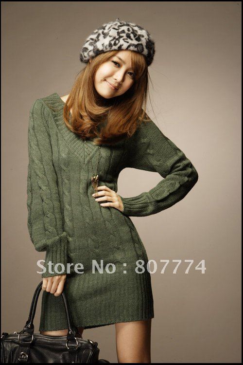 wholesale  Ladies V Neck long sleeve sweater Korea Style dress (Green/Apricot) Mix order