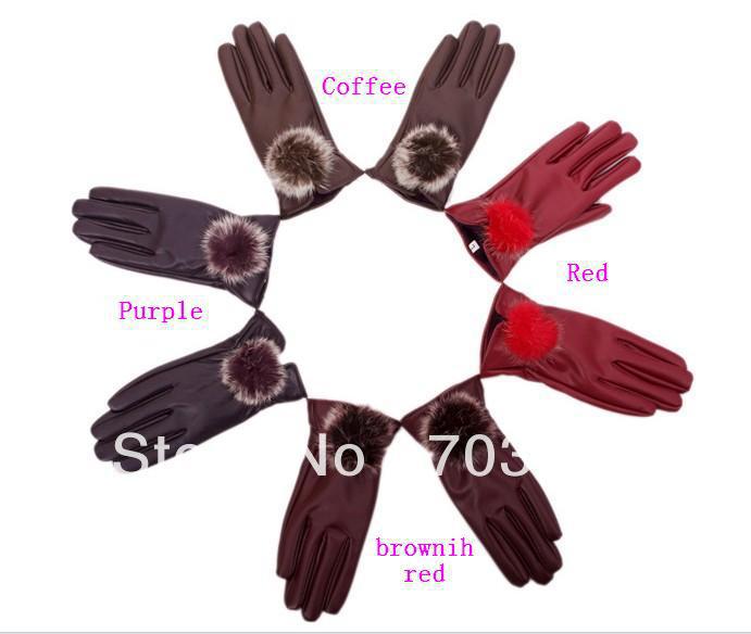 Wholesale lady's leather rabbit fur gloves,female short winter warm ball top mittens,thicken lining/rabbit hair bulb glove