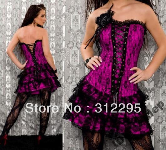 Wholesale Mix Colors S,M,L,XL 5pcs/lot Nice Flower Purple Sexy Corsets Suit With Skirt