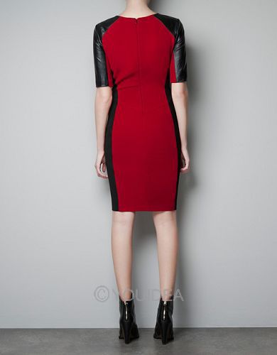 Wholesale - New 2013 Dress 1pc Fashion Short Leather Sleeves Splicing Red Mini Bodycon Dress Size S/M/L 70093-70095