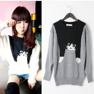 Wholesale New arrival Free Shipping Fashion Lovely Cat Pattern Sweater Warm Knitted Pullover Sweater Free Size