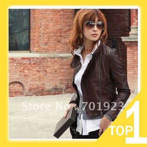 Wholesale New Arrival Free Shipping Ladies Faux Jacket /Fashion Jacket/ Slim Short Leather Jacket /Brown/1Pcs/Lot  Y3128