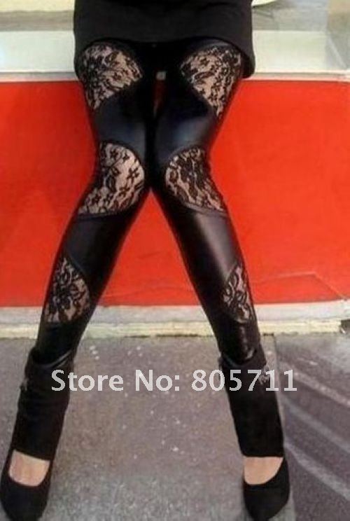 Wholesale New fashion Sexy lace leggings Splice Stitching leather slim fit stylish leggings good quality gifts Free Ship