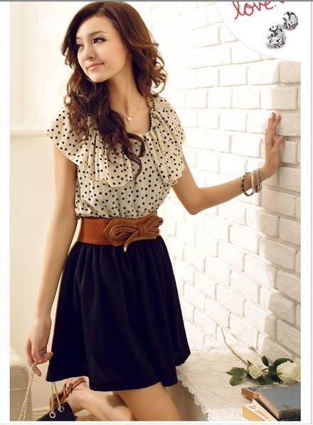 Wholesale New Fashion Women Summer Chiffon Dots Sexy Dress Polka Waist Mini Dress Evening (without belt) Free shipping