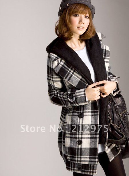 Wholesale New Trendy Womens Plaid Hooded Wool Coat Outwear (Detachable Two-Piece) Free Shipping